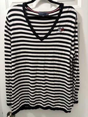 Tommy Hilfiger Black & White Striped Crewneck Top with Signature Trim